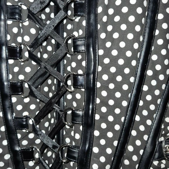 Burlesk Black Polka Dot Corset Buckle Steel Goth Rockabilly Lace Overbust Size M - Picture 3 of 6